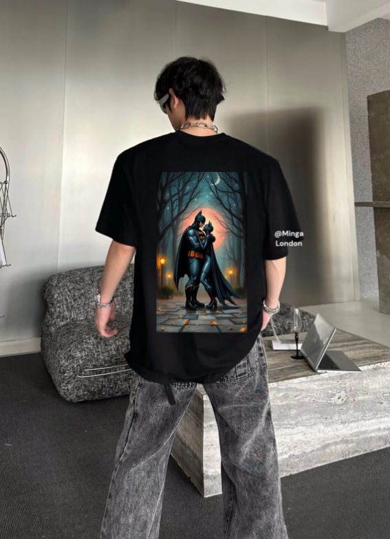Unisex Batman Sırt Baskılı Bisiklet Yaka T-Shirt