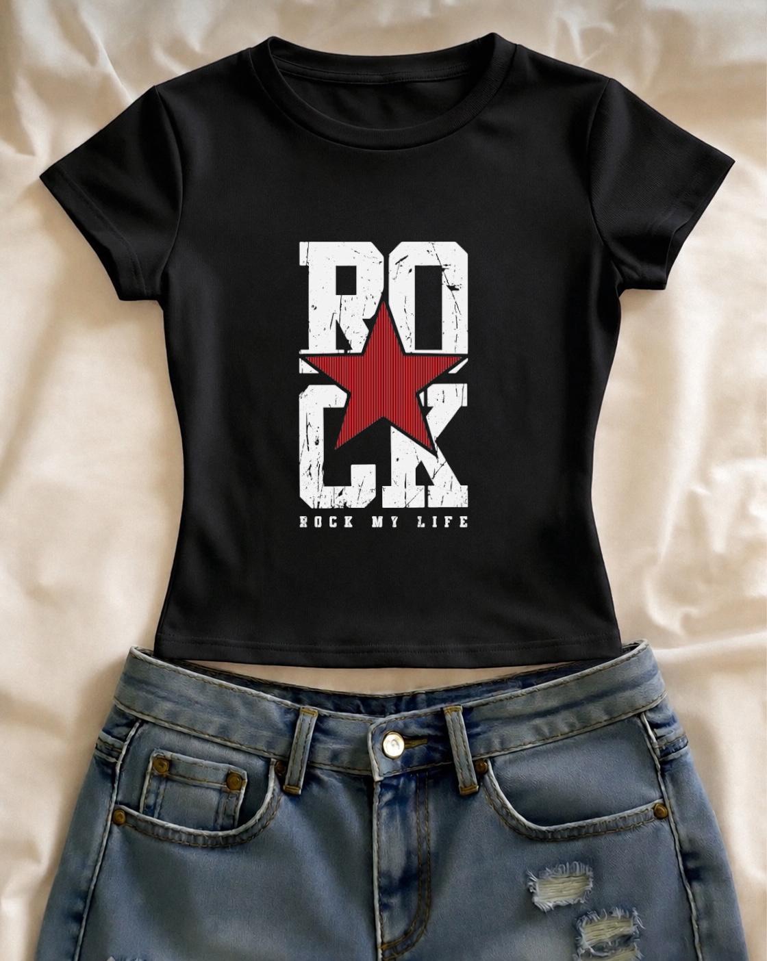 Rock Baskılı Siyah Kemer Boy Y2K Kısa Kollu Crop