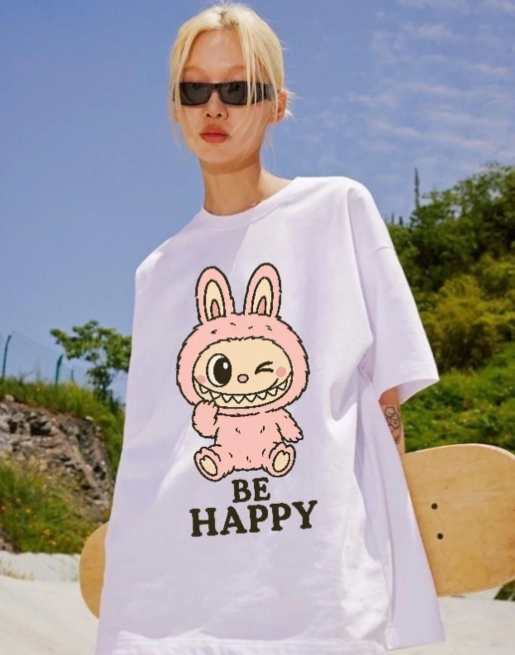 Unisex Be Happy Labubu Baskılı Bisiklet Yaka T-Shirt