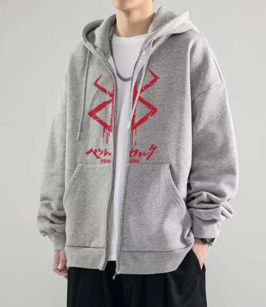 Berserk Logo Baskılı Oversize Fermuarlı Gri Unisex Kapüşonlu Hırka