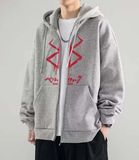 Berserk Logo Baskılı Oversize Fermuarlı Gri Unisex Kapüşonlu Hırka