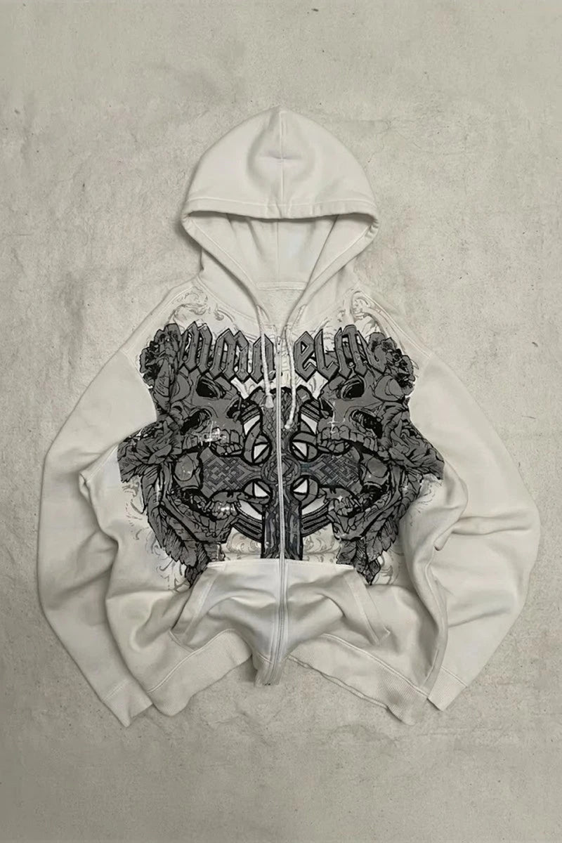 Beyaz Gotik Kelt Cross Streetwear Kapüşonlu Unisex Hırka
