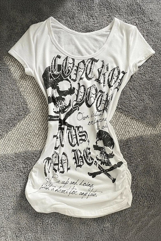 Beyaz Gotik Skulls Control Geniş Yaka Y2K Kısa Kollu Crop