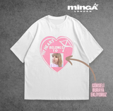 Beyaz Kişiye Özel Tasarlanan Pembe Kalp Fotoğraflı Oversize Tshirt