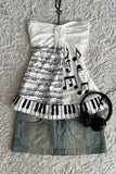 Beyaz Nota Desenli Piano Detaylı Y2K Straplez Crop