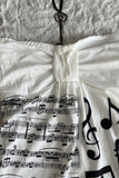 Beyaz Nota Desenli Piano Detaylı Y2K Straplez Crop