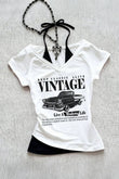 Beyaz Vintage Modern Life Ek Askılı Y2K Kısa Kollu Crop