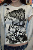 Beyaz Vintage Anime Misa Amane Saint Gotik Y2K Kısa Kollu Crop