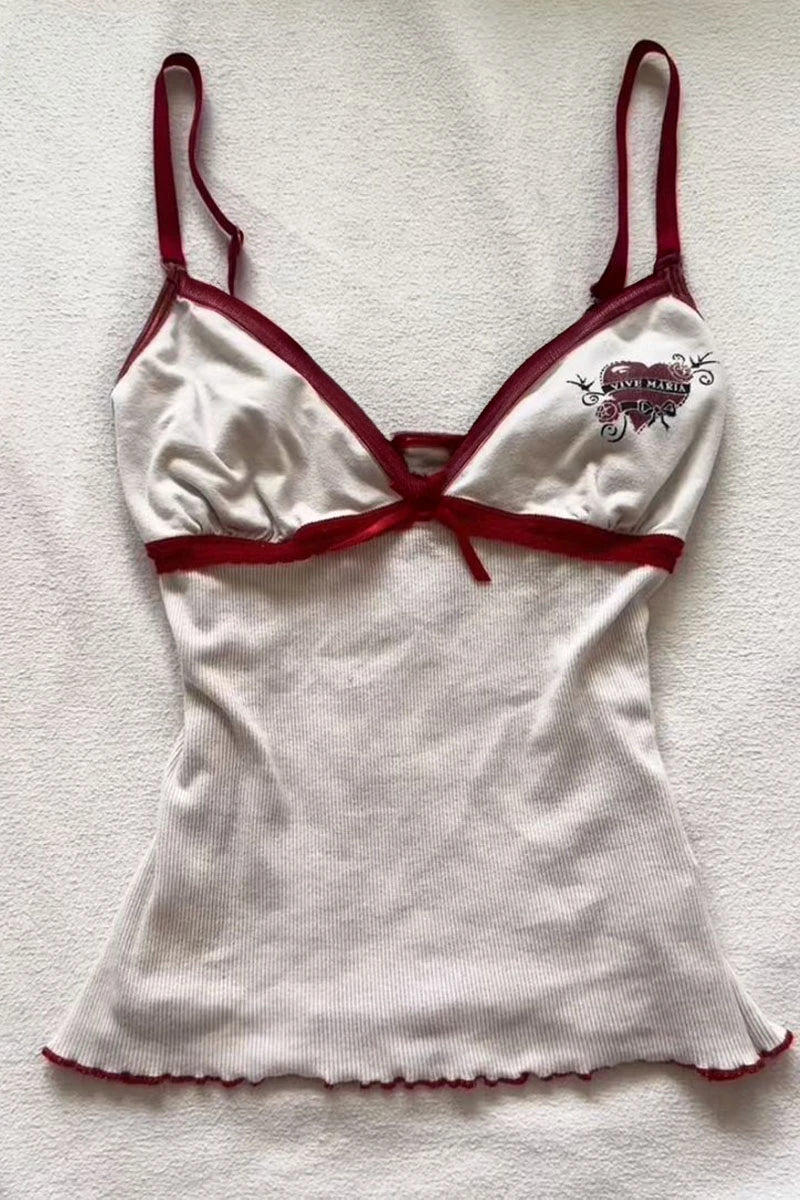 Beyaz Vive Maria Kırmızı Şeritli Fiyonk Detaylı Vintage Y2K Askılı Crop