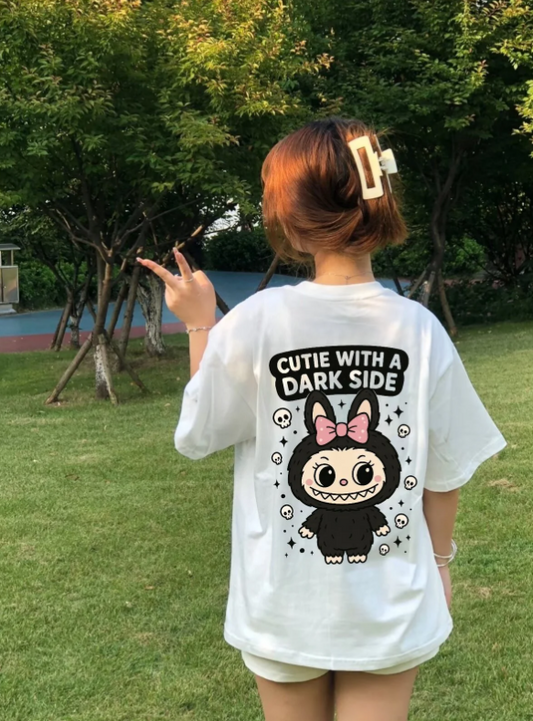 Unisex Black Labubu Baskılı Bisiklet Yaka T-Shirt
