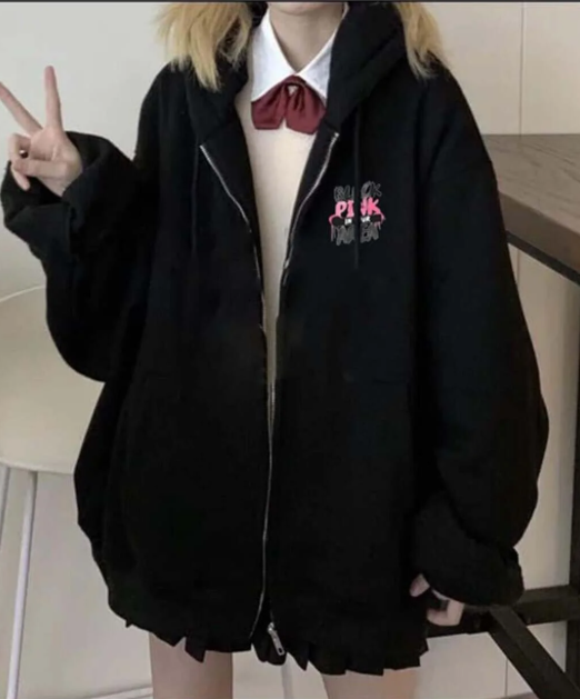Black Pink Baskılı Oversize Fermuarlı Siyah Unisex Kapüşonlu Hırka