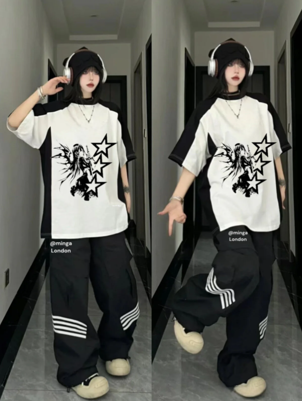 Unisex Black Star Girl Unisex Reglan Y2K Baskılı Bisiklet Yaka T-Shirt