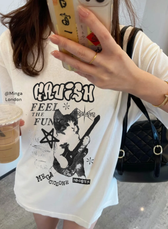 Unisex Black & White Cat Baskılı Bisiklet Yaka T-Shirt
