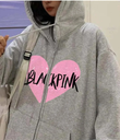 Blackpink Heart Baskılı Oversize Fermuarlı Gri Unisex Kapüşonlu Hırka