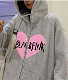 Blackpink Heart Baskılı Oversize Fermuarlı Gri Unisex Kapüşonlu Hırka