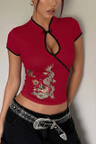 Kırmızı Mandarin Yaka Ejderha Motifli Vintage Qipao Y2K Kısa Kollu Crop
