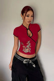 Kırmızı Mandarin Yaka Ejderha Motifli Vintage Qipao Y2K Kısa Kollu Crop