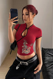 Kırmızı Mandarin Yaka Ejderha Motifli Vintage Qipao Y2K Kısa Kollu Crop