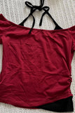 Bordo Skeleton Madonna Yaka Ek Askılı Gotik Y2K Kısa Kollu Full Body Crop
