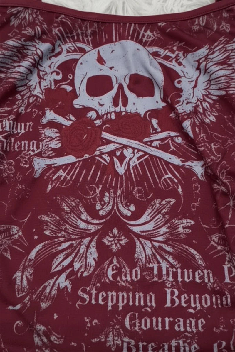 Bordo Skull Ambition Gotik Rose Y2K Askılı Crop