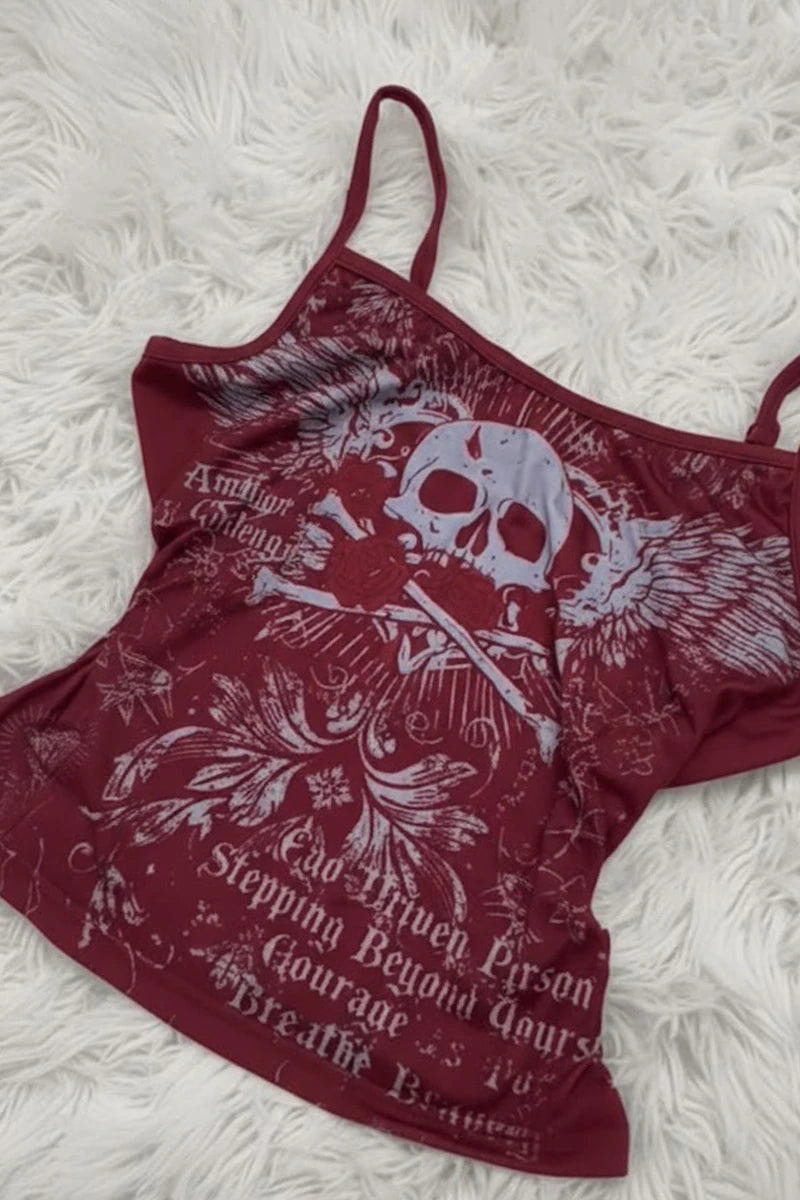 Bordo Skull Ambition Gotik Rose Y2K Askılı Crop