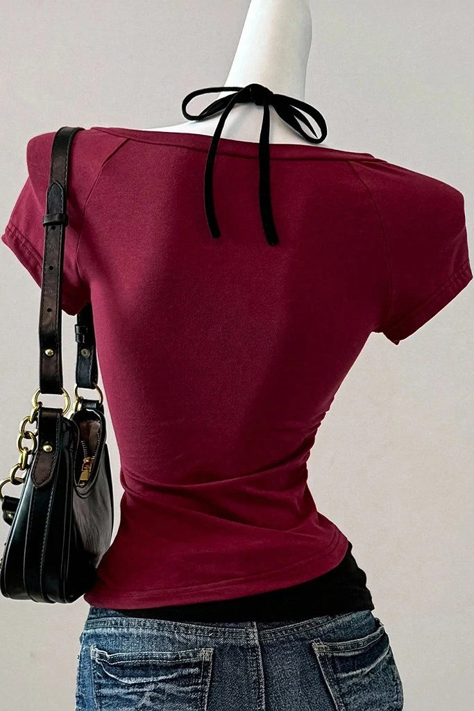 Bordo Vintage Modern Life Ek Askılı Y2K Kısa Kollu Crop