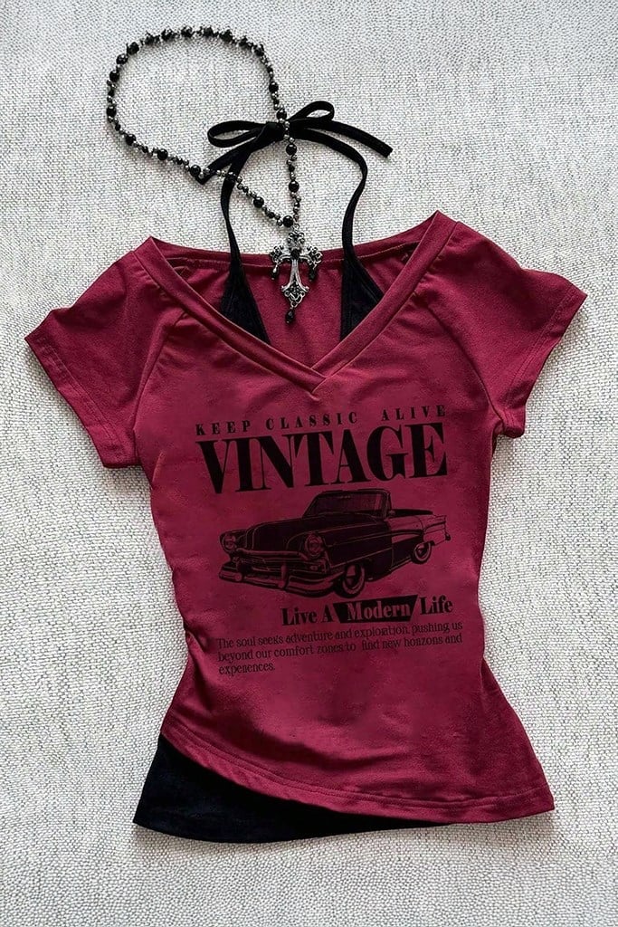 Bordo Vintage Modern Life Ek Askılı Y2K Kısa Kollu Crop