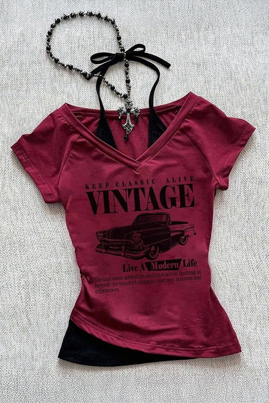 Bordo Vintage Modern Life Ek Askılı Y2K Kısa Kollu Crop