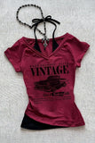 Bordo Vintage Modern Life Ek Askılı Y2K Kısa Kollu Crop