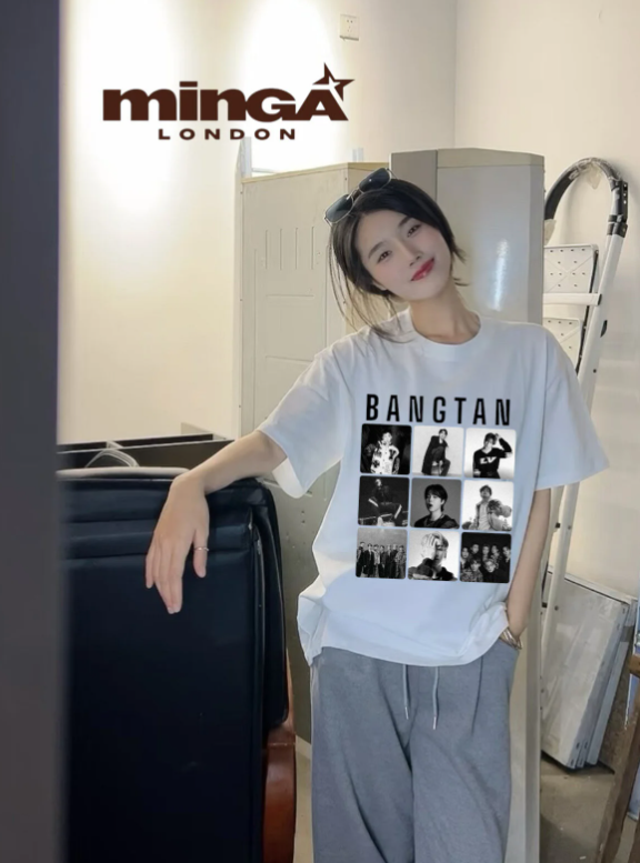 Unisex BTS BANGTAN Baskılı Bisiklet Yaka T-Shirt