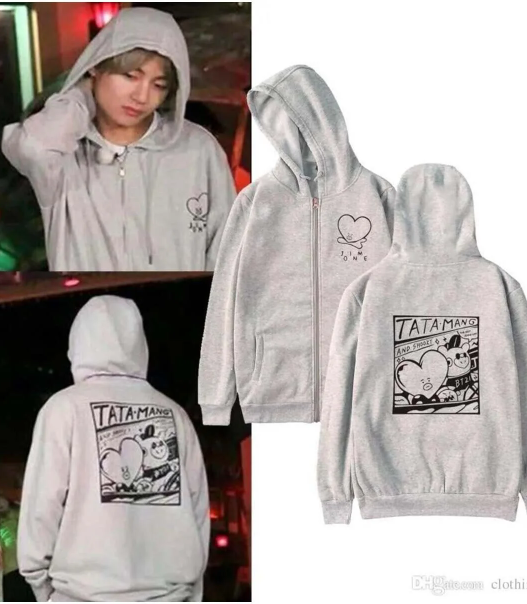 BTS Tata-Mang Baskılı Oversize Fermuarlı Gri Unisex Kapüşonlu Hırka