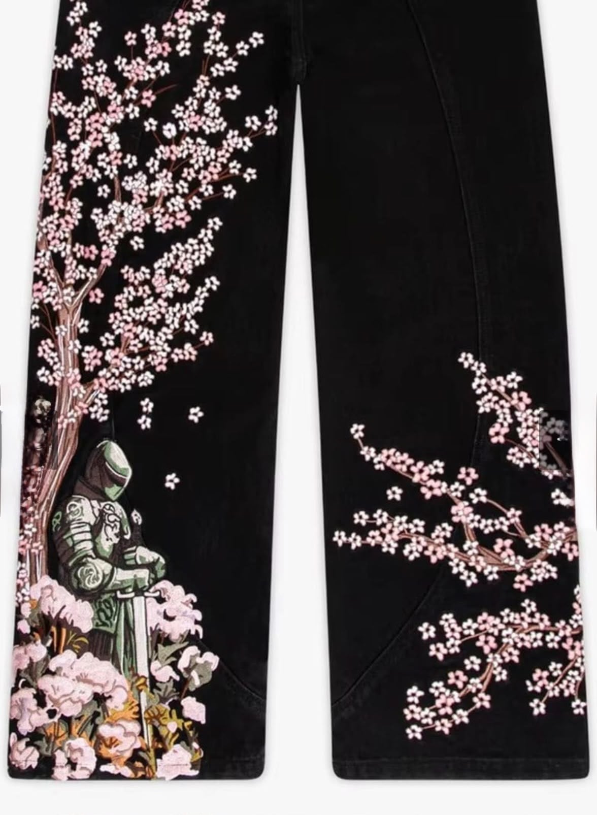 Siyah Sakura Şövalye Nakışlı Y2K Baggy Pantolon