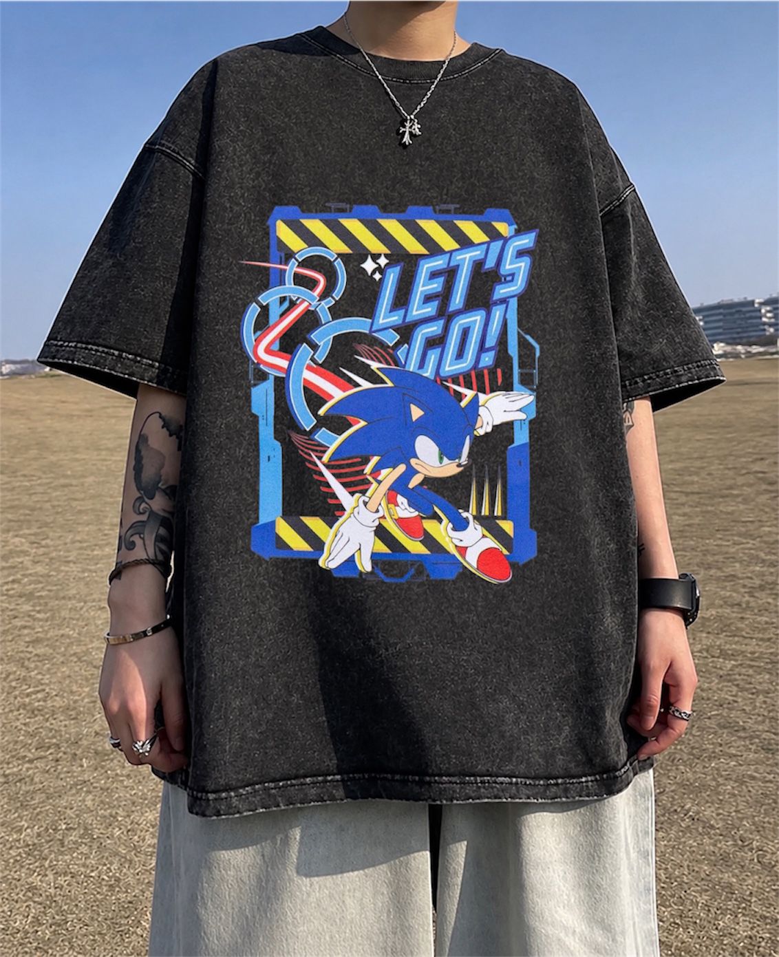 Yıkamalı Kumaş Sonic Let's Go Baskılı Oversize T-Shirt