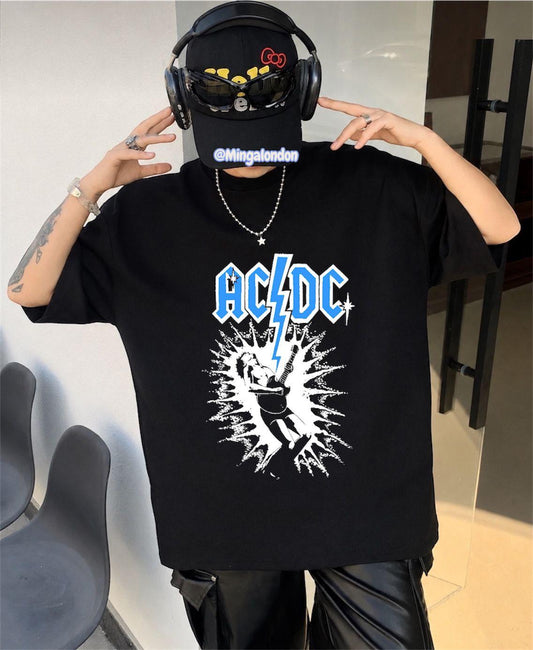 AC DC Baskılı Siyah Oversize T-Shirt