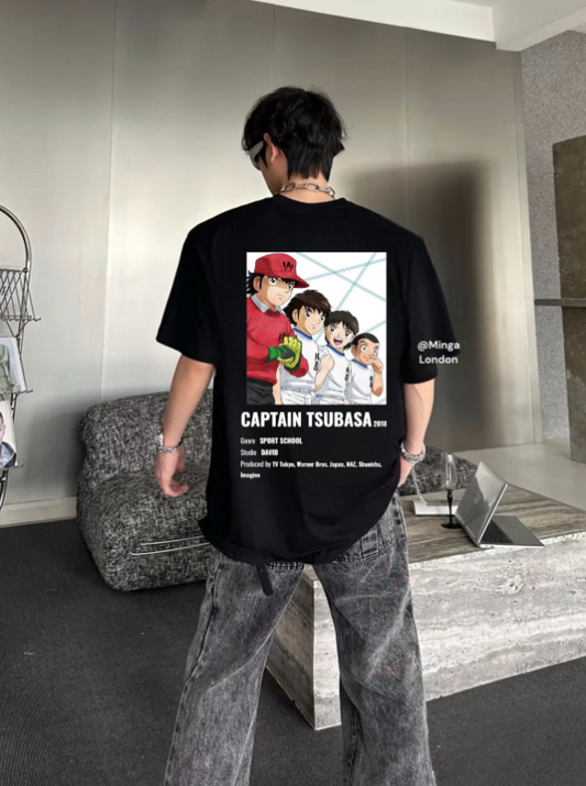 Unisex Captaın Tsubasa Sırt Baskılı Bisiklet Yaka T-Shirt