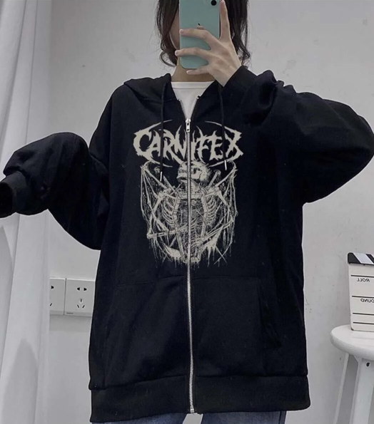 Carnifex Baskılı Oversize Fermuarlı Siyah Unisex Kapüşonlu Hırka