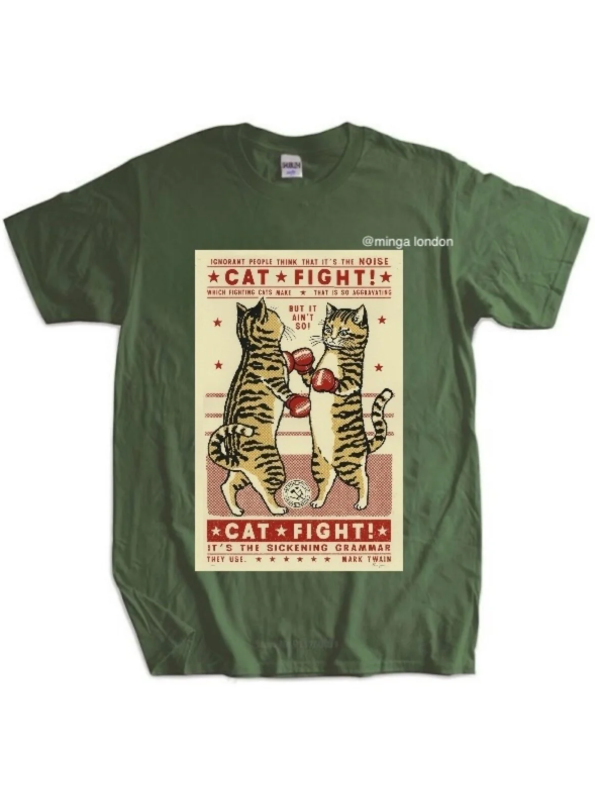 Cat Fight Haki Rengi Ön Baskılı Oversize T-shirt