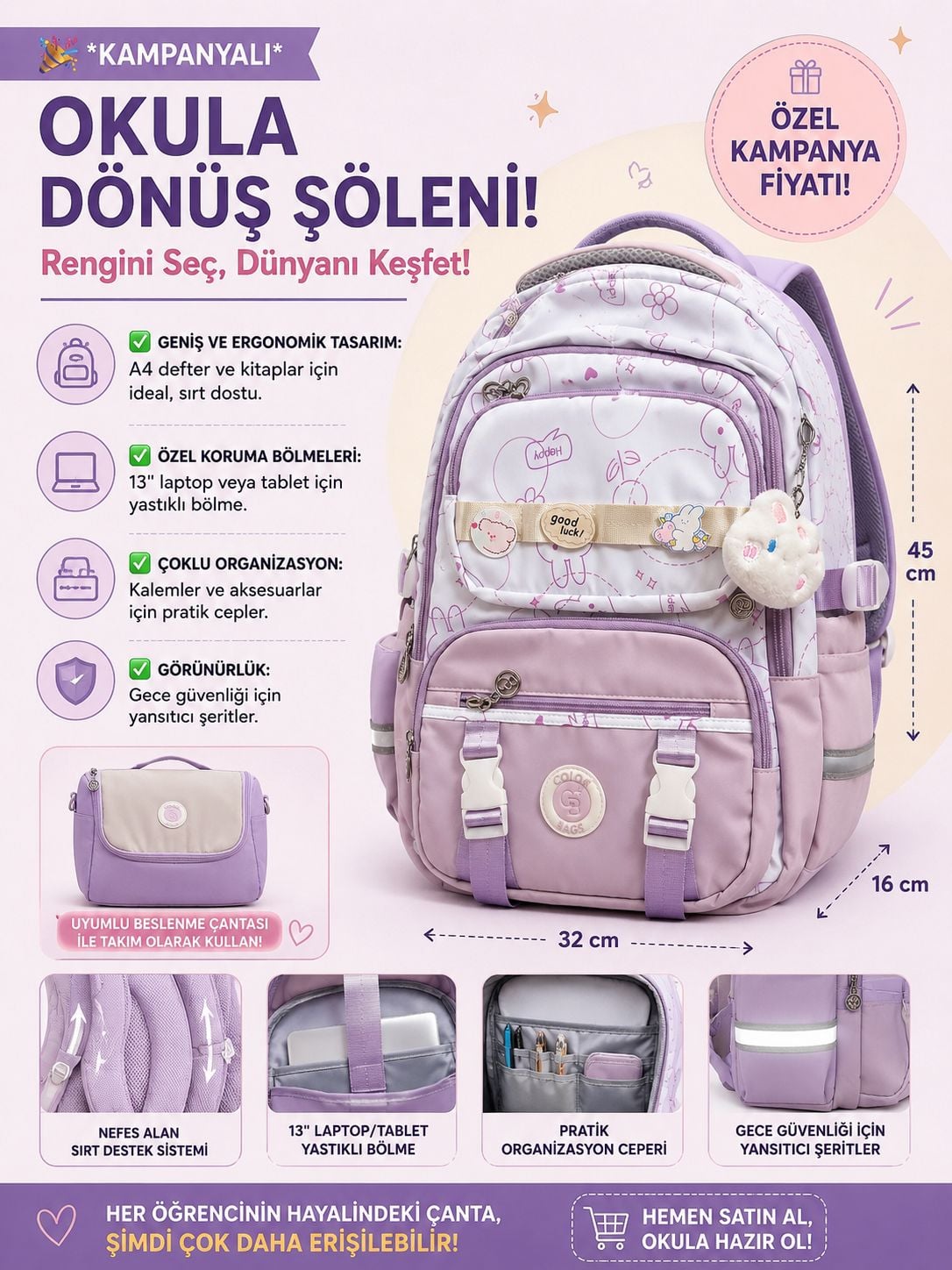 Color Bags 13'' Laptop Bölmeli 2'li Ve Kalemlikli Okul Çantası Seti - Mor-Beyaz