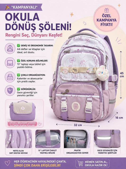 Color Bags 13'' Laptop Bölmeli 2'li Ve Kalemlikli Okul Çantası Seti - Mor-Beyaz