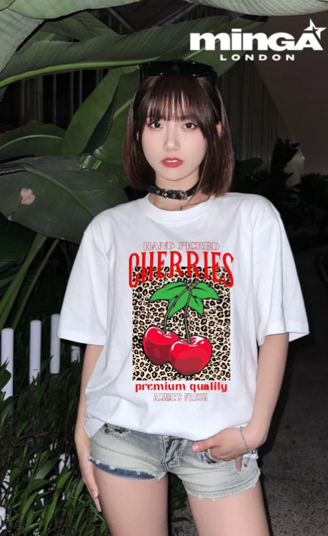 Unisex Cherry & Leopar Baskılı Bisiklet Yaka Oversize T-Shirt