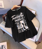 Chilastar Tour White Guitar Ön Baskılı Siyah Oversize Tshirt
