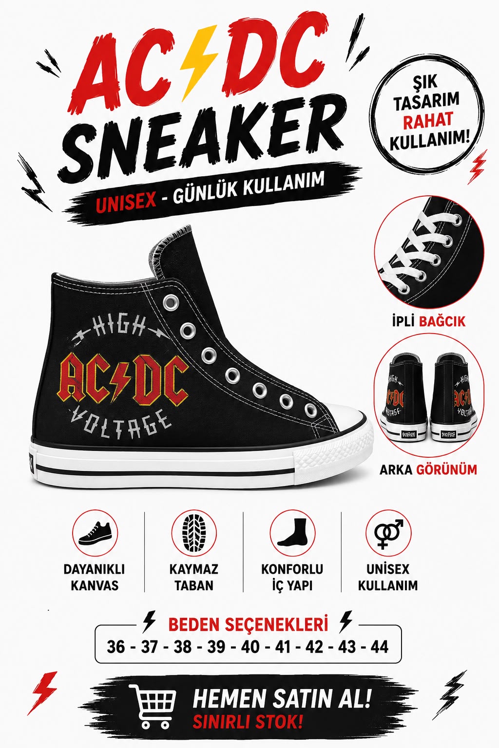 Siyah Ac&Dc Unisex Baskılı  Bağcıklı  Convers