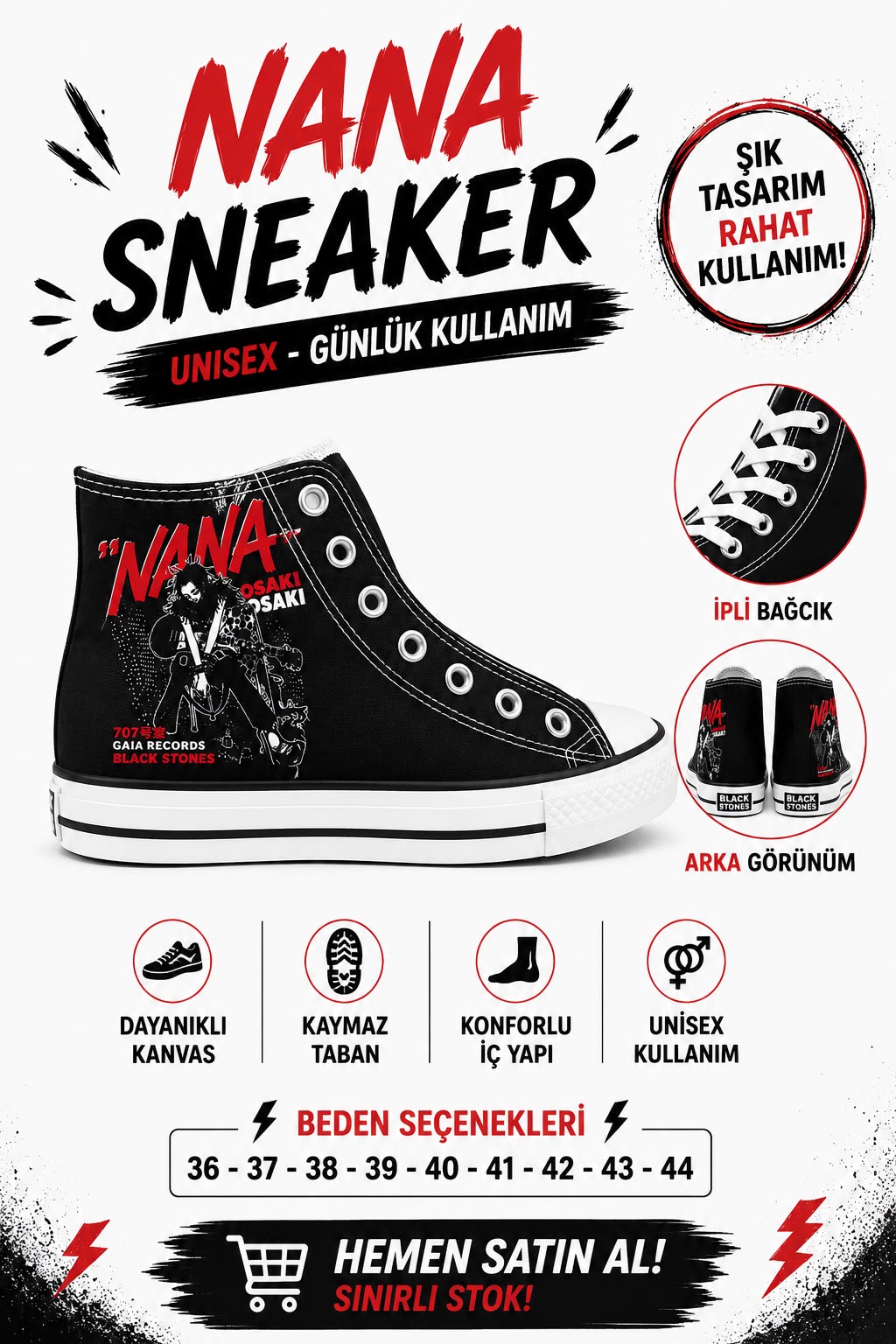 Siyah Nana Osakı Unisex Baskılı  Bağcıklı  Convers