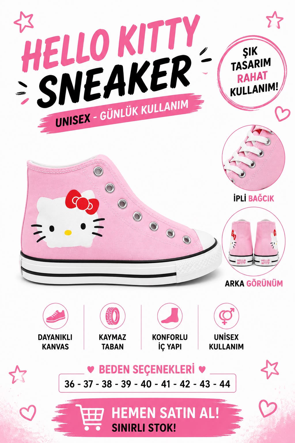 Pembe Sevimli Hellokıtty  Baskılı  Bağcıklı  Convers