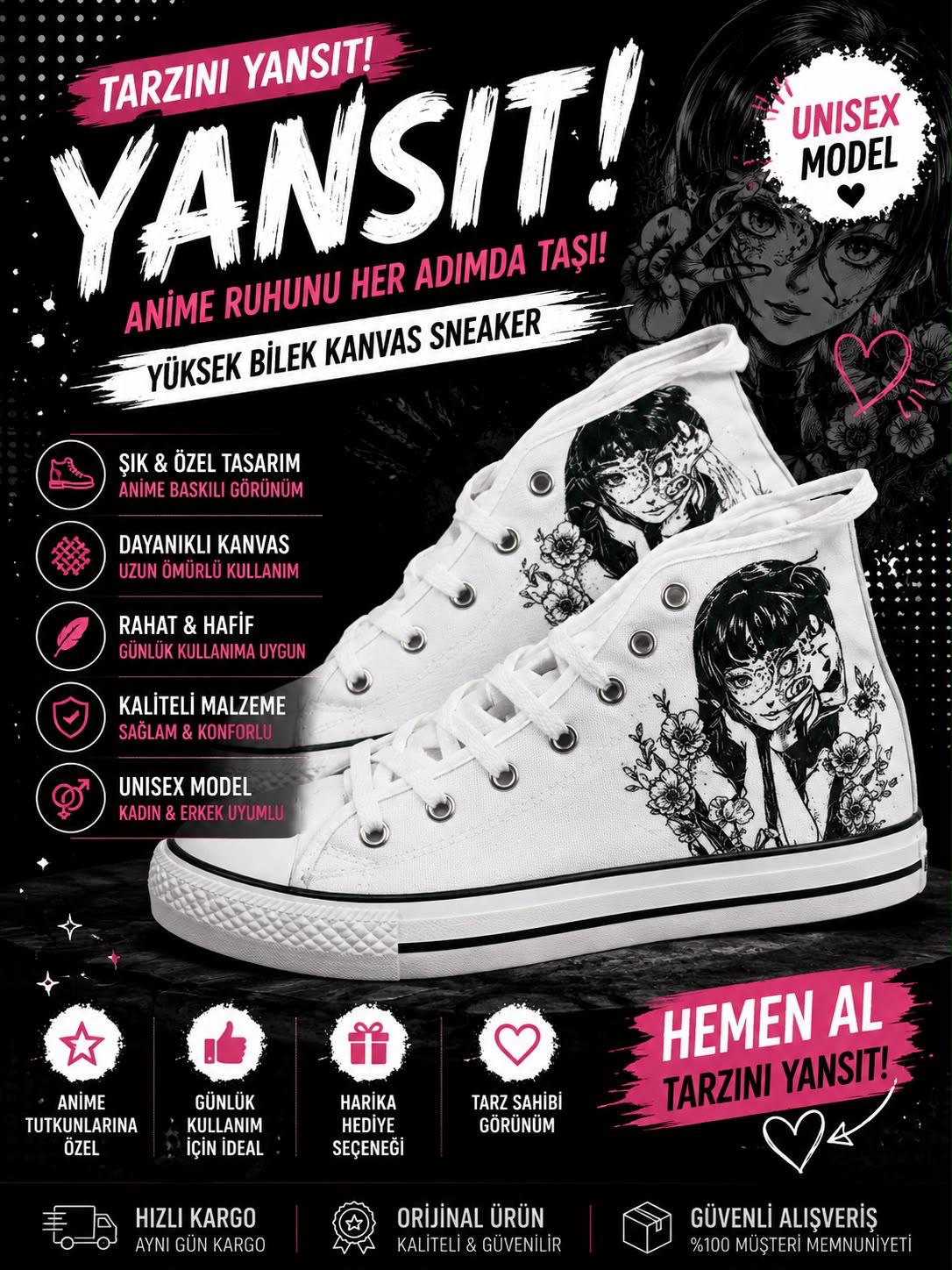 Beyaz Anime Kız  Baskılı Unisex Bağcıklı  Convers