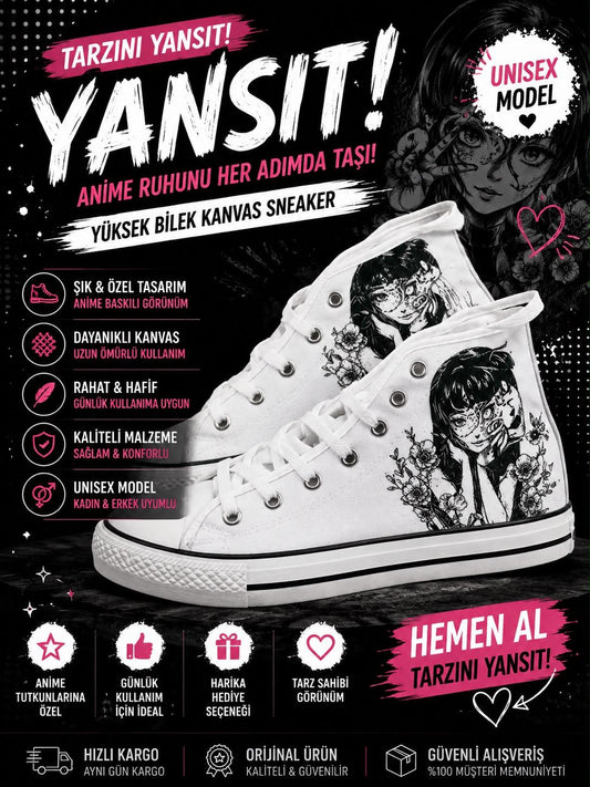 Beyaz Anime Kız  Baskılı Unisex Bağcıklı  Convers