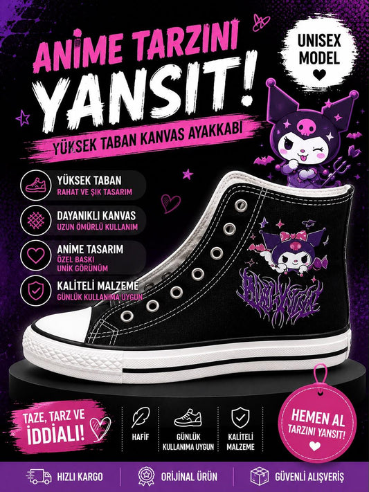 Siyah Kuromi Musical  Baskılı Unisex Bağcıklı  Convers