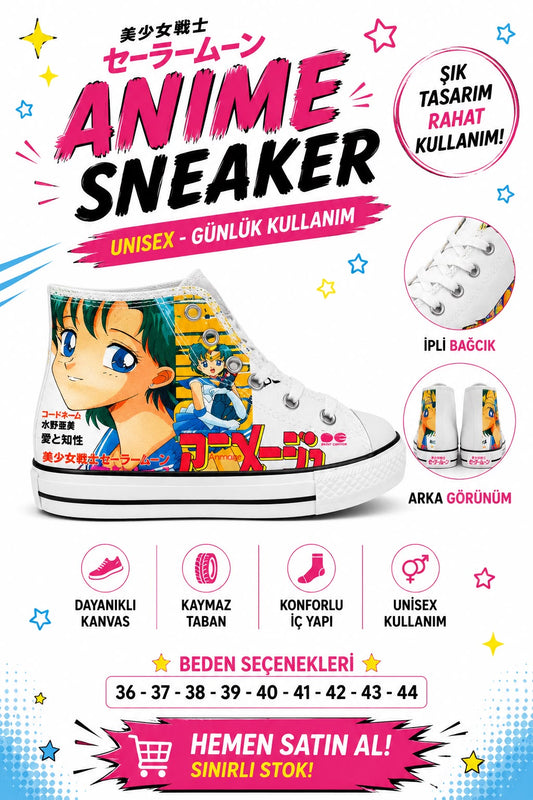 Beyaz Salor Moon  Baskılı Unisex Bağcıklı  Convers