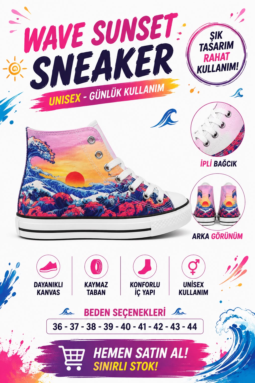 Wave Sunset  Baskılı Unisex Bağcıklı  Convers