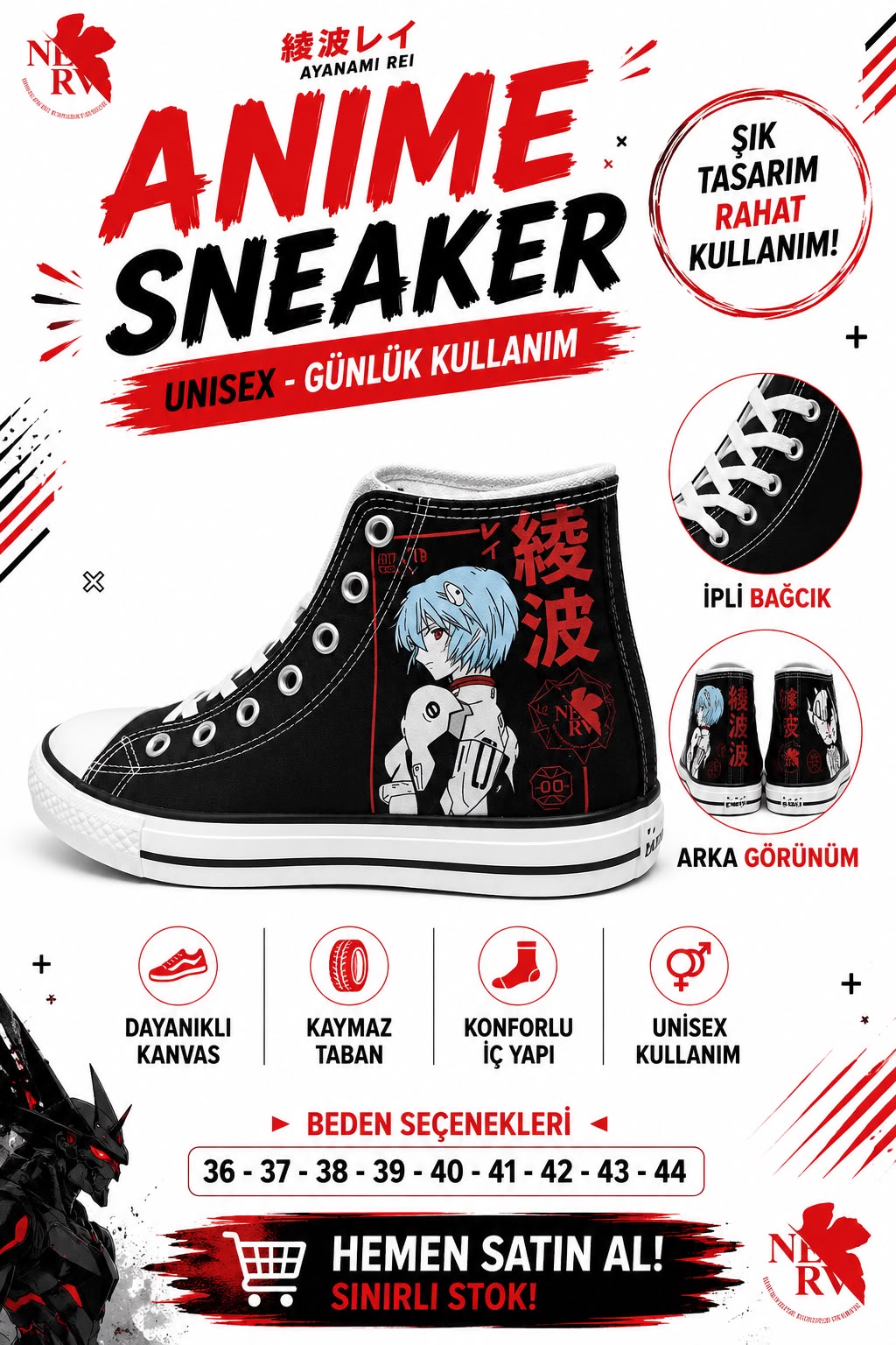 Siyah Anime Tokyo Baskılı Unisex Bağcıklı  Convers